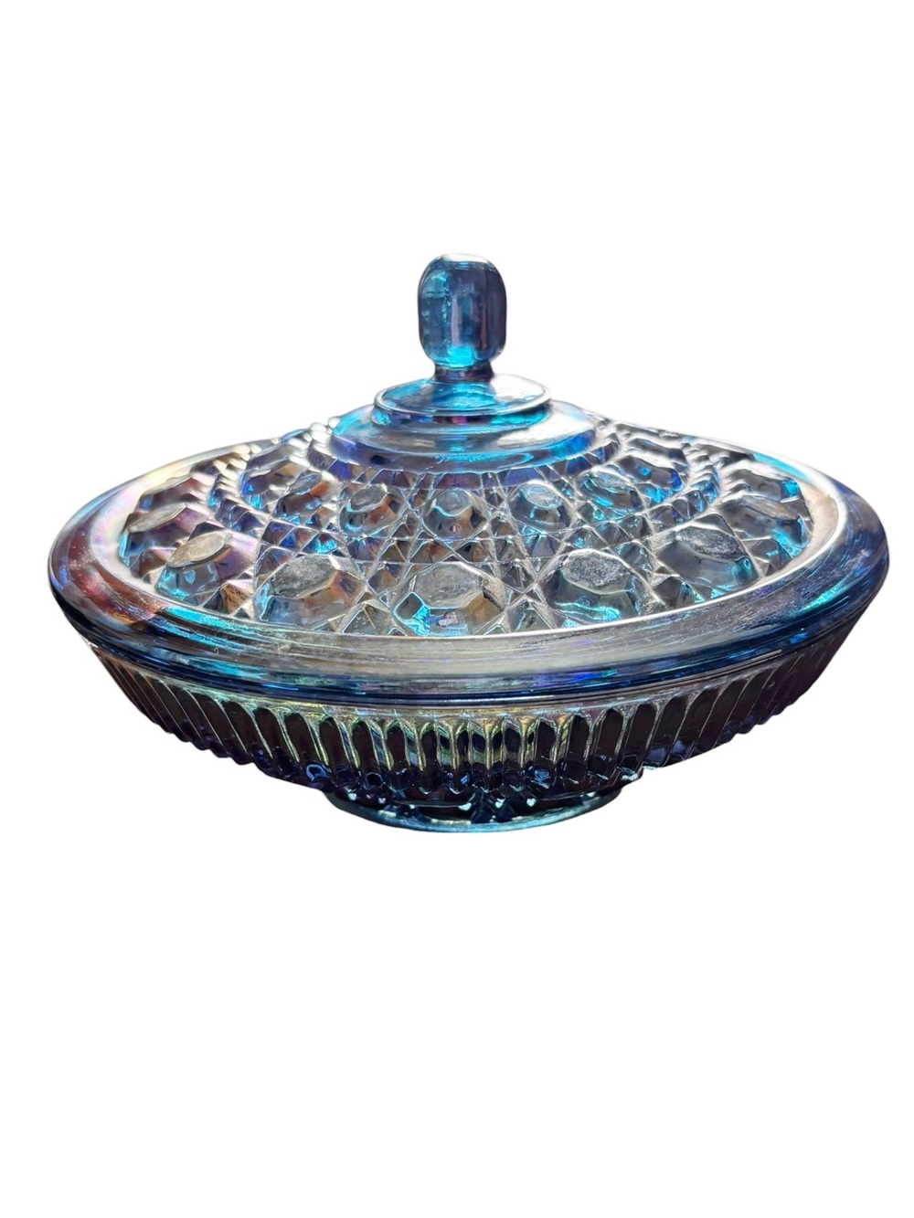 Vintage blue carnival glass covered candy dish| The Windsor (Button & Cane)